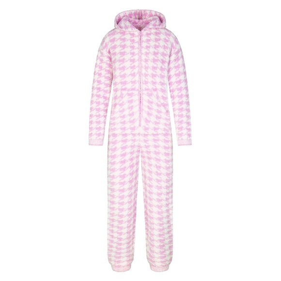 SKIMS COZY KNIT UNISEX ONESIE NWT NEW PETAL HOUNDSTOOTH L XL PINK - Picture 2 of 6